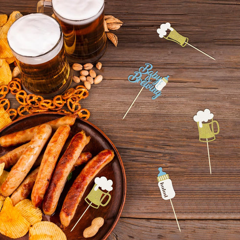 Moitkptt 24 Pcs Glitter Cupcake Toppers - Baby Bottle & Beer Mug Cupcake Picks - Gender Reveal Decorations