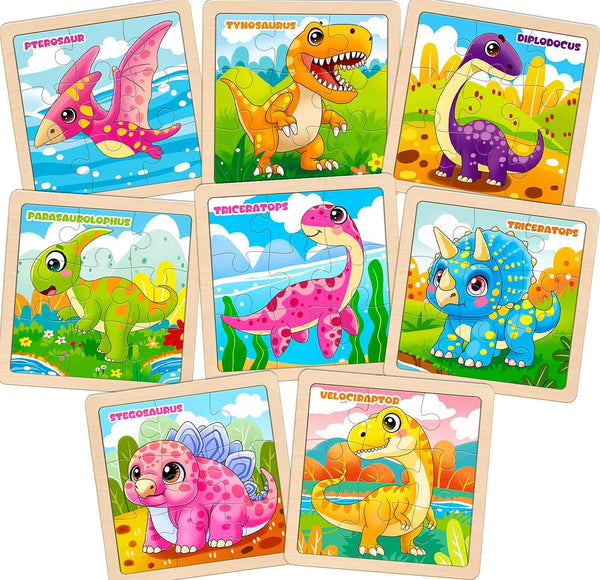 Wooden Dinosaur Puzzles for Toddlers 2-4, 8 Pack 9 PCS Jigsaw Puzzles