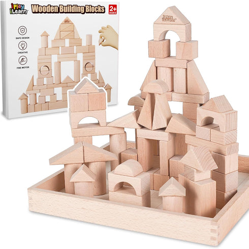 iPlay, iLearn Kid Wooden Building Block Set, Toddler Natural Wood Montessori Learning Toy, Large Hardwood Blocks