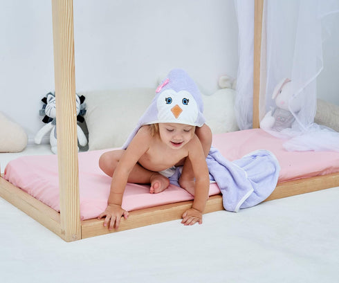 HIPHOP PANDA Hooded Towel for Newborn, Rayon Made from Bamboo, Large Baby Towel with Bear Ears, Purple Penguin