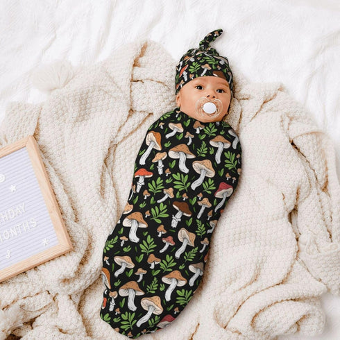 zhedongsj Set, Mushroom Newborn Swaddle Blanket with Hat and Bow Soft Swaddling Sack Gift for Mushroom Baby Items Stuff