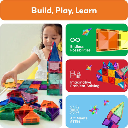 PicassoTiles 80 Pieces Magnetic Building Tiles, Educational Playset for STEM Sensory Gifts, Kid Brain Development