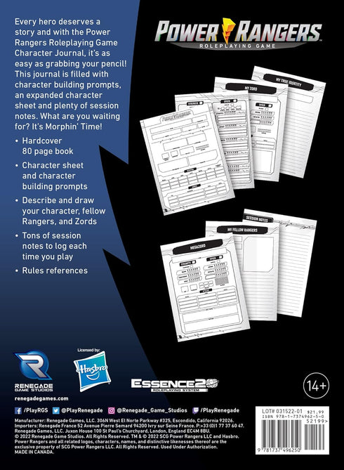 Power Rangers Roleplaying Game Expanded Character Sheet Journal by Renegade Game Studios