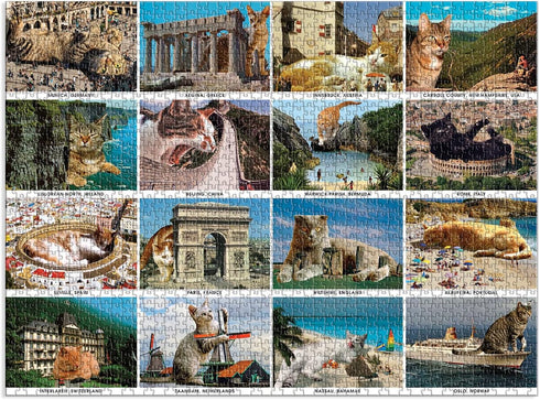 Vacation Cats 1500 Piece Puzzle from Galison - Features 16 Super-Imposed Photos of Cats Enjoying Some of The World's Most Famous Locations and Landmarks, 27" x 20", Great Gift Idea for Cat Lovers