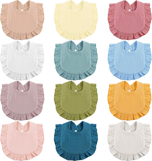 12 Piece Baby Muslin Bibs, Bandana Drool Bibs for Boys and Girls, Soft Adjustable Cotton Teething Bibs