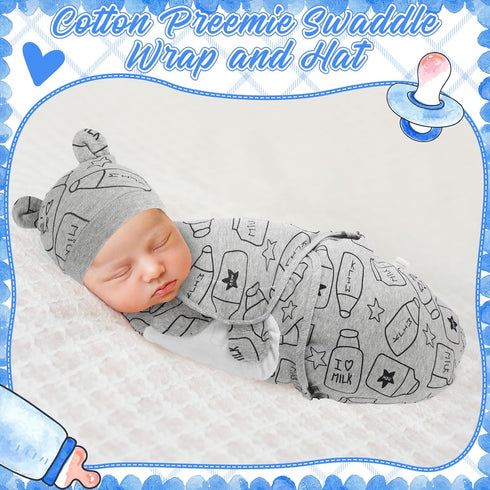 VitalCozy 6 Pack Set 3-7 Lbs) Cotton Baby Swaddle Blanket Wrap with Matching Hat - Preemie Receiving Blanket