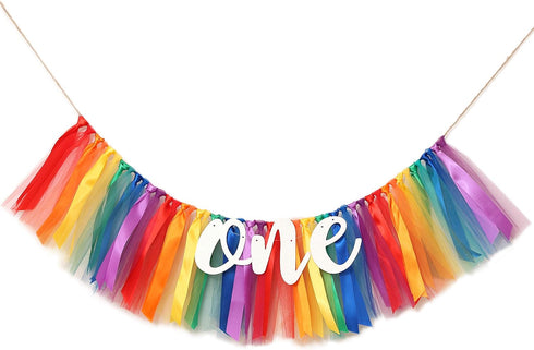 1st WAOUH Rainbow Banner for Birthday - Highchair Banner for First Birthday Decoration, Cake Smash Photo Prop, Tulle
