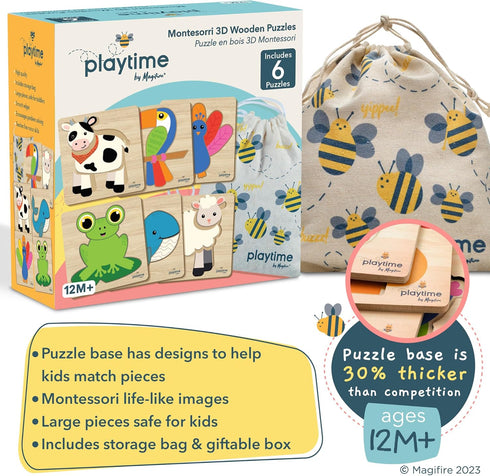 Magifire Wood Puzzles for Toddlers 1-3, Set of 6 Montessori Toys with Large Pieces, Includes Storage Bag
