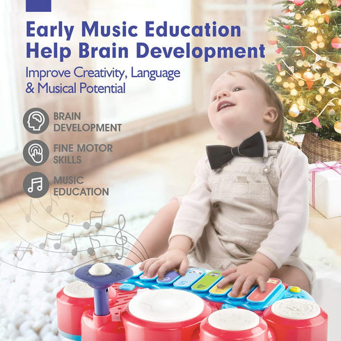 Baby Musical Toys, 3 in 1 Piano Keyboard Xylophone Drum Set for 1 Year Old Girls, Learning Toys for Toddlers 1-3