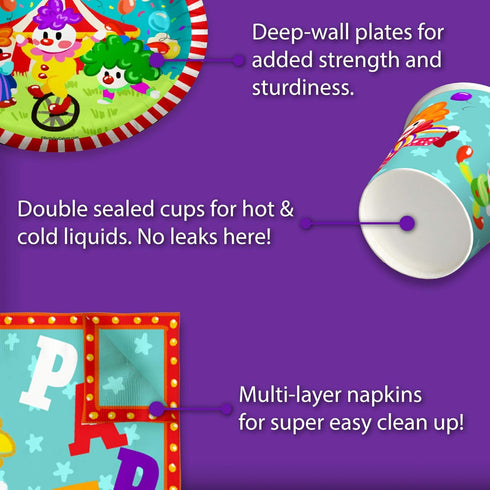 Clown Birthday Party Supplies Set, Circus 1st Birthday Tableware Kit for Kids Includes Plates Napkins Cups