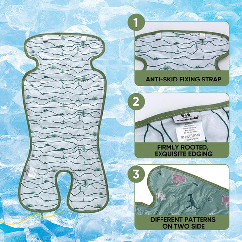 Miracle Baby Gel Car Seat Cooler Pad, Double Sides Stroller Ice Cushion, Summer Cooling Liner, Dinosaur + Lines