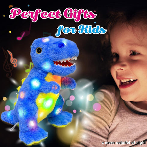 12" Cuteoy Light-up Singing Plush Blue Dinosaur LED Musical Stuffed Animal T-Rex Adjustable Volume Lullaby Plushies