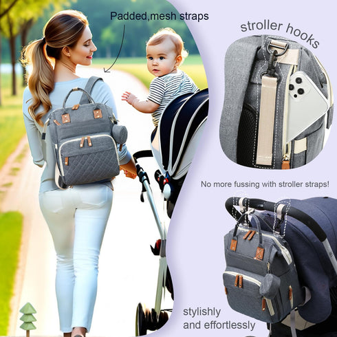 GLIXAVIA Backpack 16 Backpack Diaper Bag with Changing Pad Large Capacity, Pockets, USB Port, Waterproof Travel for Mom