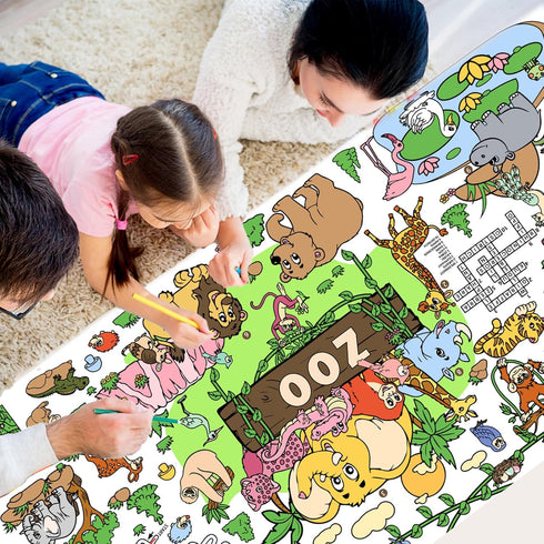 Poster,35x72Inch Drunze Giant Coloring Zoo Animal Activity Drawing Paper Coloring Table Cover,DIY Zoo Poster Table