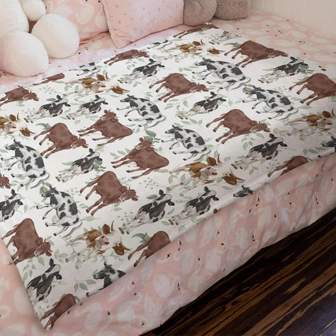 Watercolor Cows Baby Blanket, Farm Cows Green Leaves Flannel Swaddle, Soft Lightweight Receiving Blanket 30x40