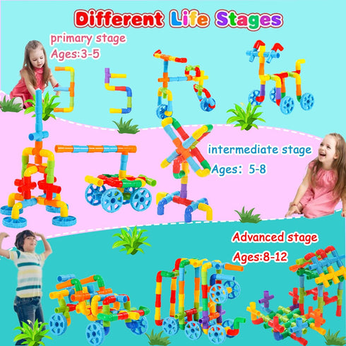 Pipe Building Toys, Educational Tubular Pipes for Kids 3+, STEM Building Blocks Set with 72 Pcs Stim Toy