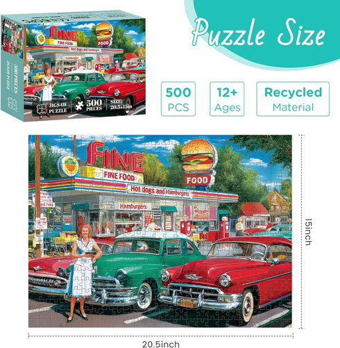XAPAEG 500 500 12+, 20.5 15 Pieces Jigsaw Puzzles, Retro Style piece Puzzles for Adults, Car and Food Station Jigsaw
