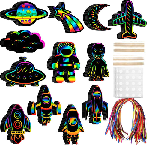 Engrowtic 72 Pcs Outer Space Scratch Cards for Kids, Rainbow Rocket Scratch Paper with Wooden Stick for DIY Projects