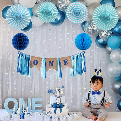 Burlap Baby Boy's 1st Birthday Decoration - Handmade Crown, High Chair Banner, Cake Topper, Tie