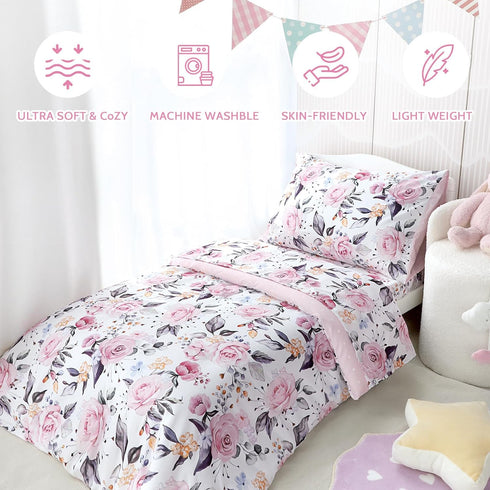Set 4 Set, Set, Pea Pod Toddler Bedding for Girls, Piece Soft & Breathable Floral Crib Bedding Bed-in-A-Bag Toddler