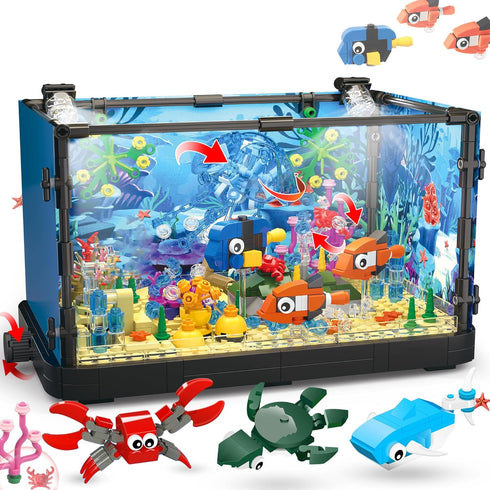 Fish Tank Building Block, Lighting Aquarium Building Sets for Adults and Kids, Ocean Jellyfish, Dolphin, Turtle, Crab,