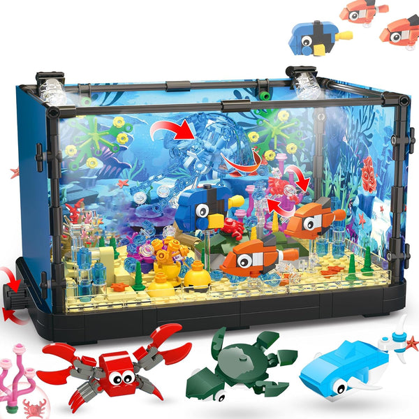 Fish Tank Building Block, Lighting Aquarium Building Sets for Adults and Kids, Ocean Jellyfish, Dolphin, Turtle, Crab,