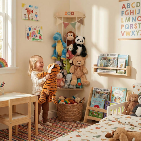 Stuffed Animal Storage Zoo with Decorative Muslin Garland - Cute Wooden Toy Storage Organizer for Kids Playroom