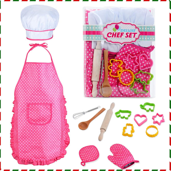 Chef Set for Kids - 13 Pcs Cooking and Baking Set with Apron, Chef Hat, Utensils, Gift for 3 Year Olds