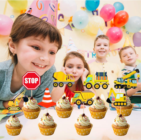 PAVATUTAT 24 PCS Construction Cupcake Toppers Stop Sign Dump Truck Excavator Tractor Party Cake Food Picks Decorations