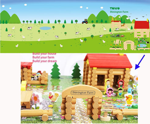 Wooden Logs Toys Farm Playset, 207 Pieces Wooden Construction Set for Animal Farm for Ages 3-6