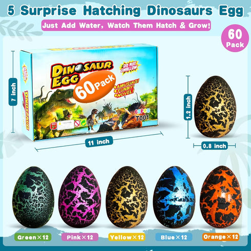 60 Pcs Hatching Dinosaur Eggs for Kids Party Favors, Easter Egg Filled with Toys Novelty Grow in Water Dino Eggs