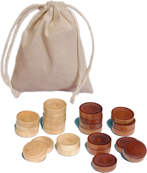 WE Games Wooden Checkers Pieces Only, 24 Stackable Brown and Natural Game Pieces with Drawstring Bag, 1.5 Inch Diameter