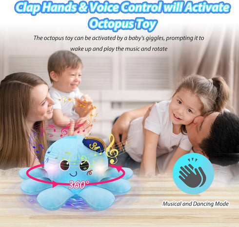Musical Octopus Baby Toy, Crawling & Rotating Toy with Recording, Light-Up Voice Control for 2-6 Year Olds