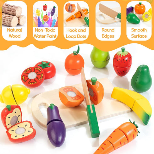 Set 3 4 5 6 7 Wooden Play Food for Toddlers, Fruit and Veggies Cutting for Kids, Pretend Food Play Kitchen Accessories