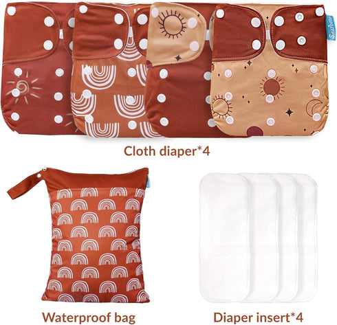 Set 4 Pack 4 1 (6-33 0-3 Baby Cloth Diapers - with Inserts & Wet/Dry Separation Bag, Reusable Infant Toddler Nappy