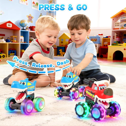 Pnooe 3 Pack Monster Truck Toys, Light Up Cars for Toddlers, Baby Animal Toy Trucks Dino Cars with LED Lightning