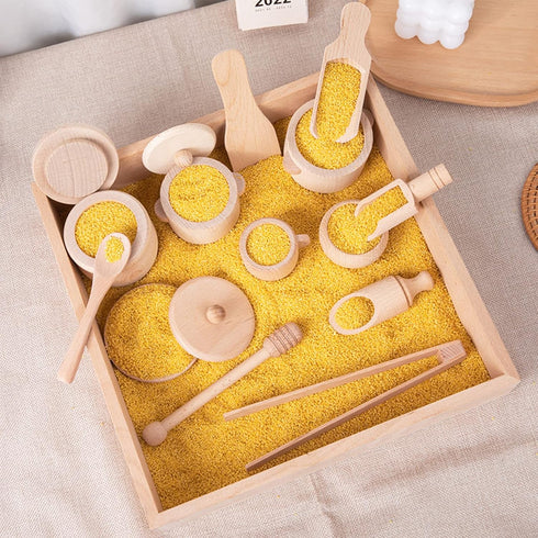 Montessori Sensory Bin Tools Toy with Wooden Box for Toddlers, Pretend Play Dish Toys, Kids Fine Motor Skills