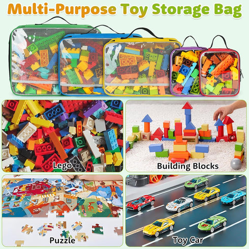 Toy Storage Bags for Lego Bricks, 5 Pcs Travel Organizers for Kids Building Blocks, Toy Car, Puzzles with Mesh Pocket