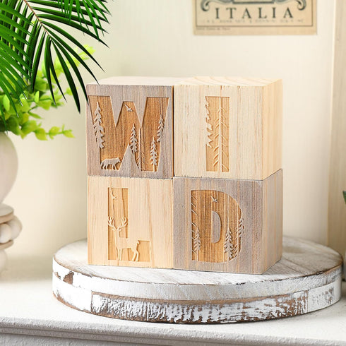 RattanView 4 Pcs Woodland Wild Nursery Wood Decor Nursery Wood Shelf Blocks for Bedroom Playroom Gifts Wild Sign