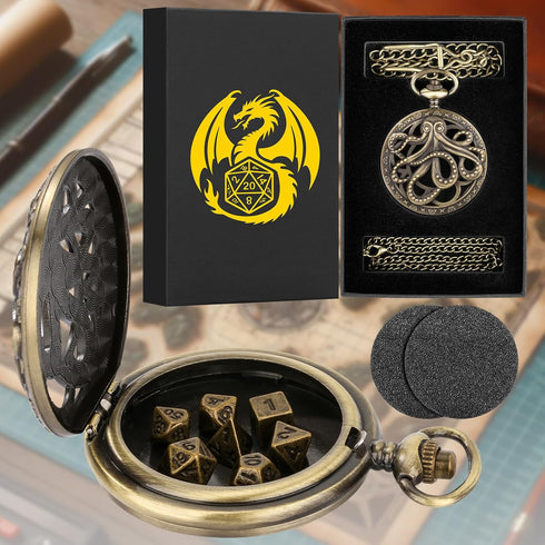 Mini DND Dice Set: 7pcs Polyhedral Metal D&D Dice with Steampunk Hollow Octopus Pocket Watch Shell Case