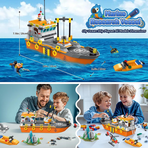 Set, 6 8 10+ City Ocean Explorer Ship Building Fun Toy Exploration Boat Building Block Kit with LED Lights, Helicopter