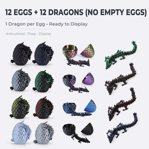 MiniMythos Toys 12 Pack 3D 12-Color Set 8+ Printed Dragon Eggs with Dragons Inside, Articulated Crystal Dragons, Dark