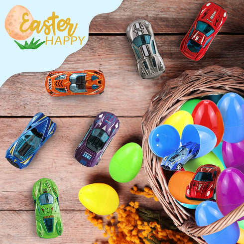 12Pack OCHIDO Easter Eggs Filled with Die-Cast Cars, Prefilled Easter Eggs with Toys Inside for Kids Easter Basket