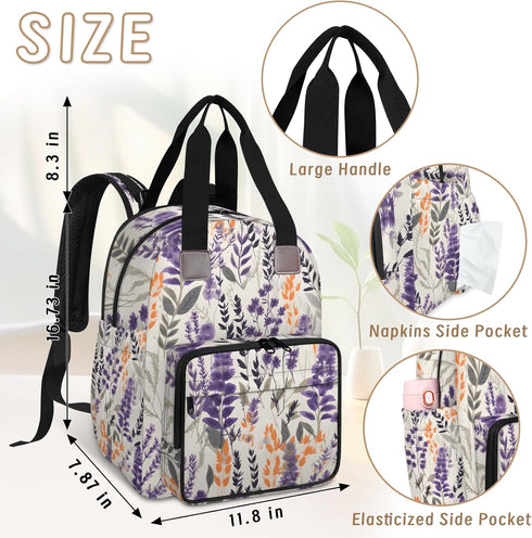 Eativisa Backpack-Multi-functional Lavender flowers Diaper Bag mother and baby bag Thermal compartment USB charging