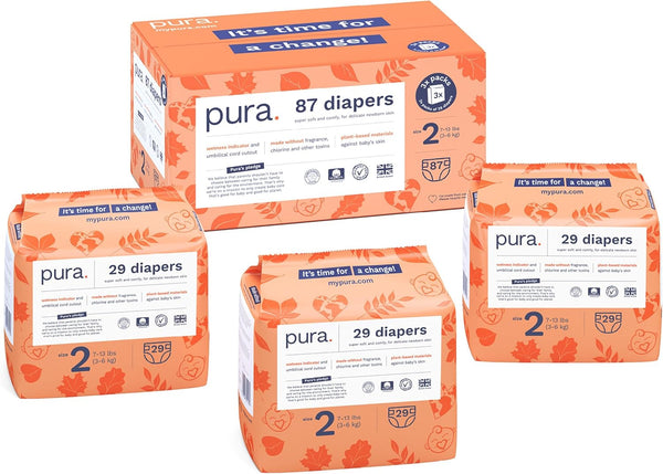 Pura Hypoallergenic Diapers, Size 2 (7-13 lbs) Totally Chlorine Free, Wetness Indicator,