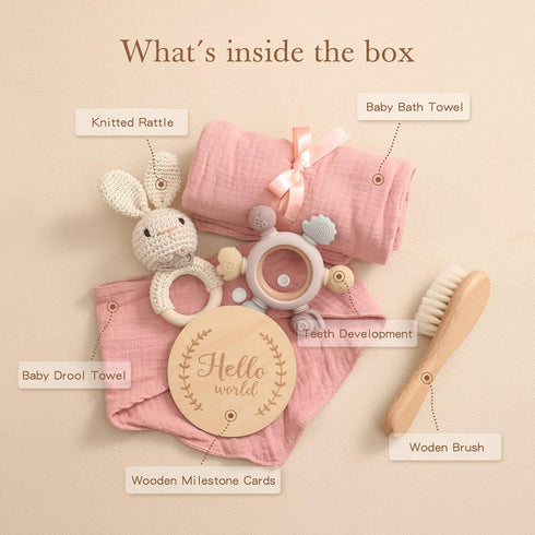 Set Set 6PCS YOUUYS Baby Gift for Newborn - Baby Essential Bath Basket Easter Gift with Baby Blanket Baby Rattle