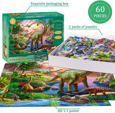 Puzzles for Kids Ages 4-6 - 2 x 60 Pieces - World of Huge Dinosaurs - Educational Toys