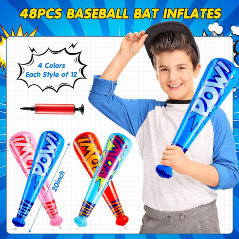 WILLBOND 48 Pcs Inflatable Baseball Bat Bulk, Party Favors Decorations with Pump for Sports Theme Supplies