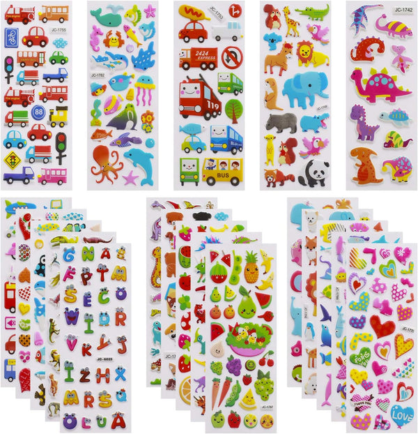3D Stickers for Kids Toddlers - 550+ Vivid Puffy Stickers, 24 Sheets, Colored 3D for Craft Scrapbooking, Boys Girls