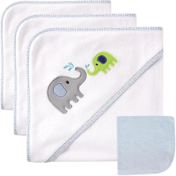 Luvable Friends Unisex Baby Hooded Towel and Washcloth, Blue Elephant, One Size